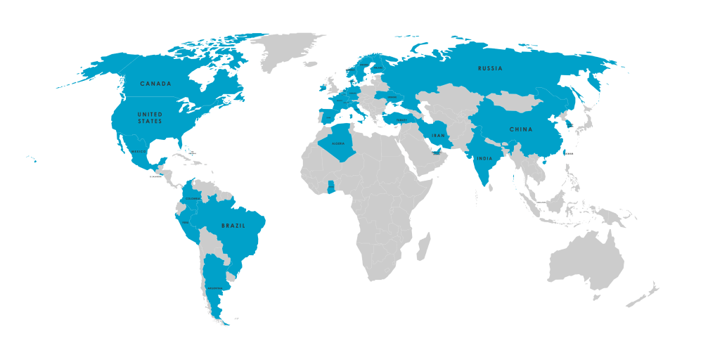 World map showing where Parkside Students are from. the countries highlighted are Algeria, Argentina, Bahamas, Belgium, Brazil, Canada, Columbia, China, Denmark, El Salvador, Finland, France, Germany, Ghana, Hong Kong, India, Iran, Ireland, Italy, Mexico, Norway, Netherlands, Peru, Russia, Singapore, South Korea, Spain, Sweden, Switzerland, Taiwan, Turkey, Ukraine, United Arab Emirates, United States.
